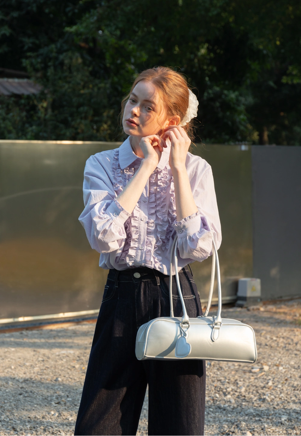 Women’s Lavender Ruffle-Front Button-Up Blouse