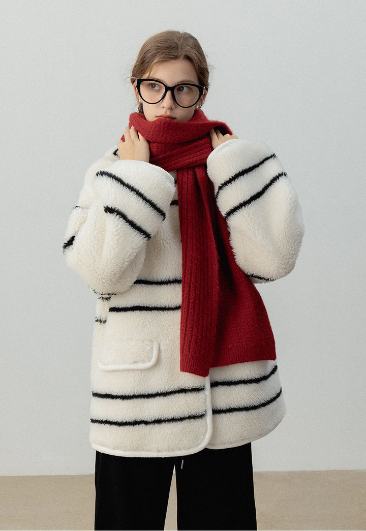 Striped Fleece Hooded Coat