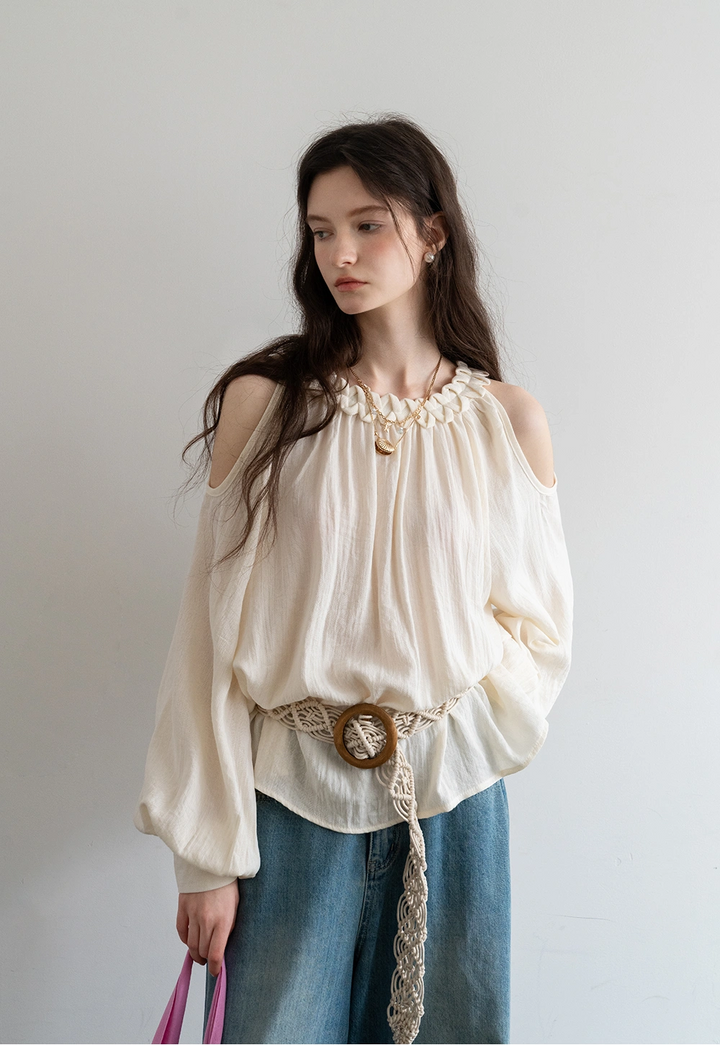 Ruffled Cold-Shoulder Long Sleeve Blouse