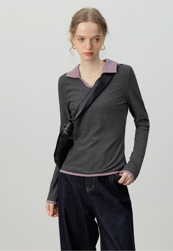 Striped Long-Sleeve Top with Collar