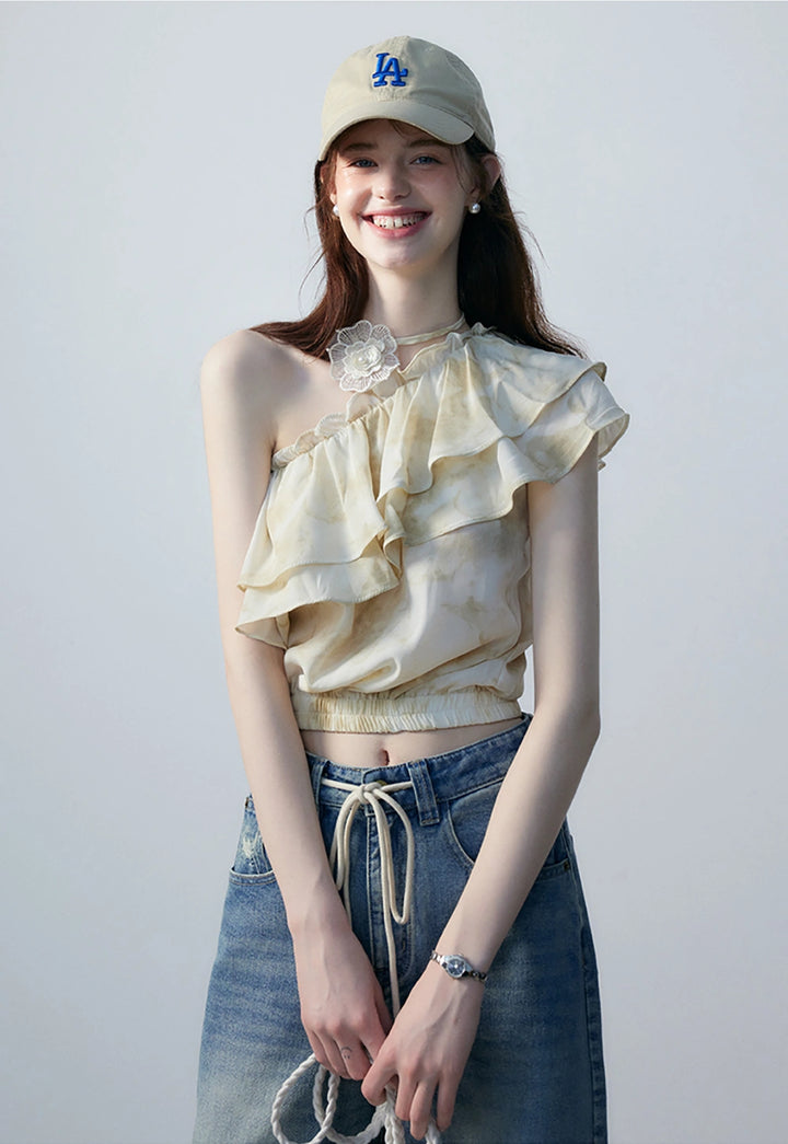 Women's One-Shoulder Ruffle Top with Tie-Dye Print