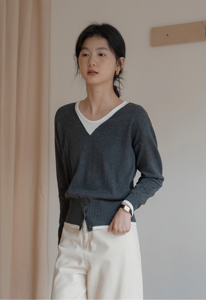 Two-Tone V-Neck Knit Sweater