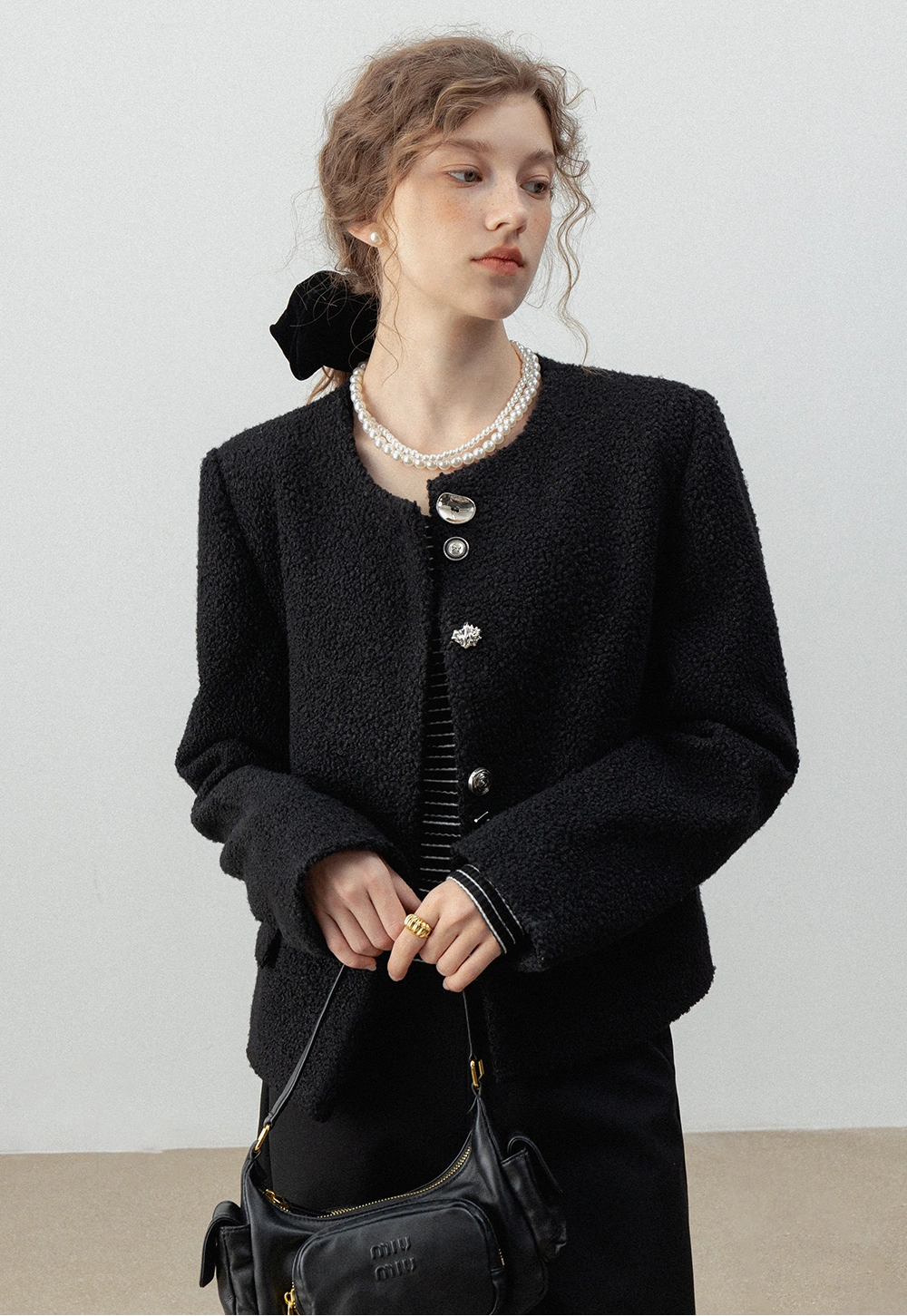 Women's Elegant Black Tweed Blazer Jacket