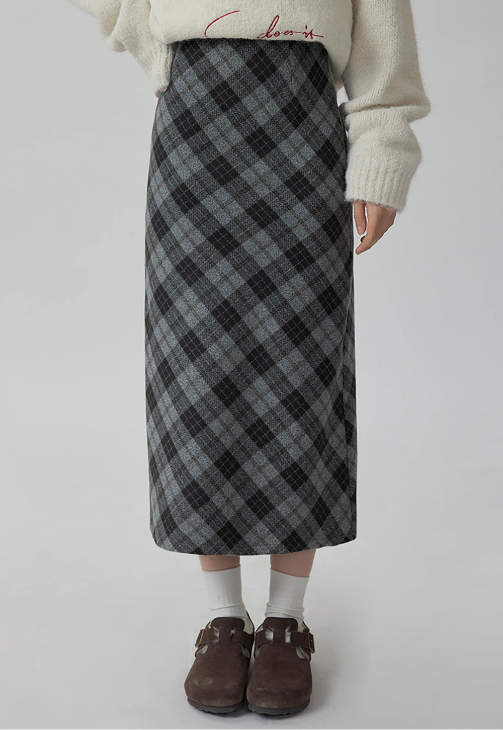 Women's Diagonal Plaid A-Line Wool Skirt