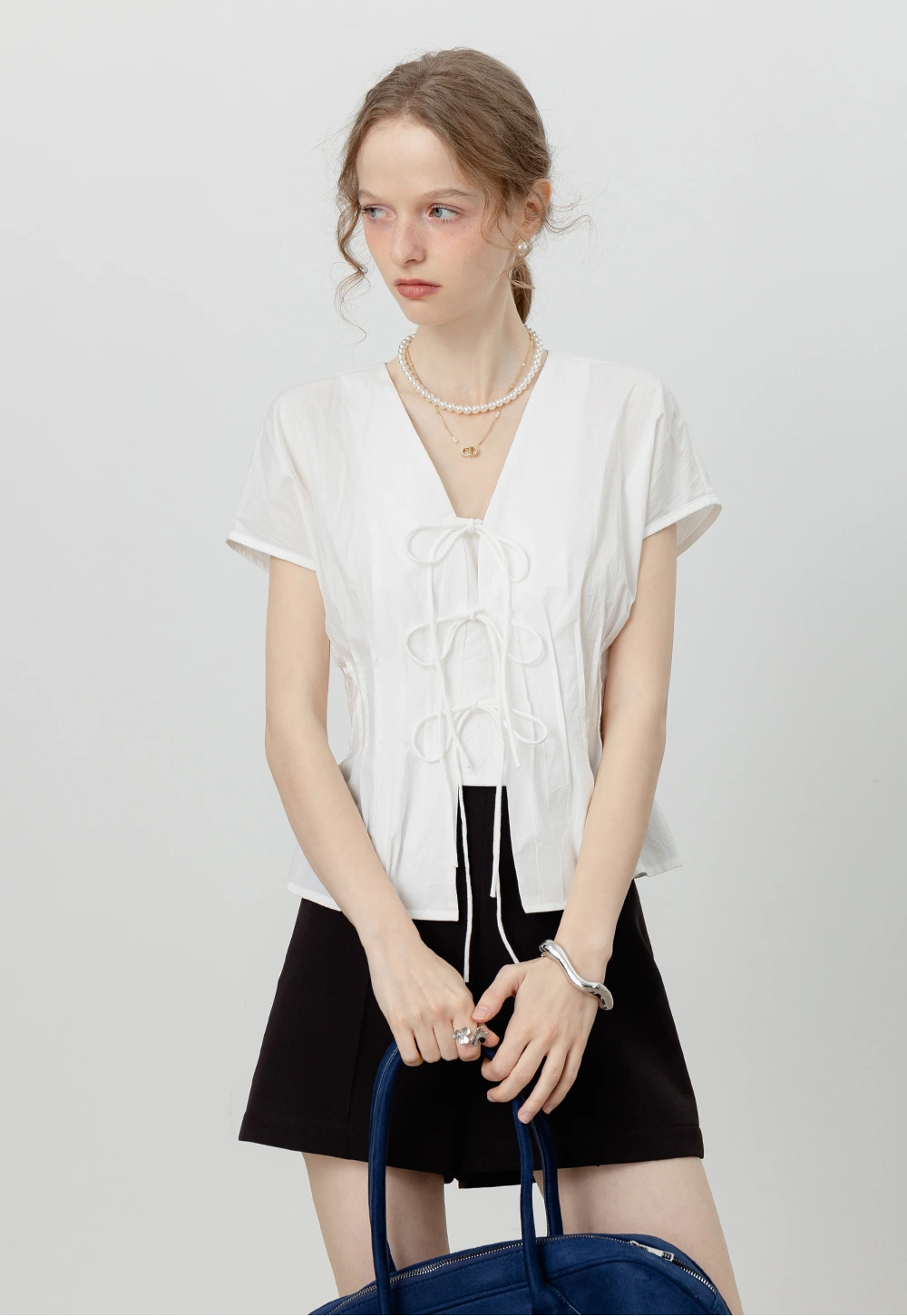 Women's White Bow-Tie Front Blouse