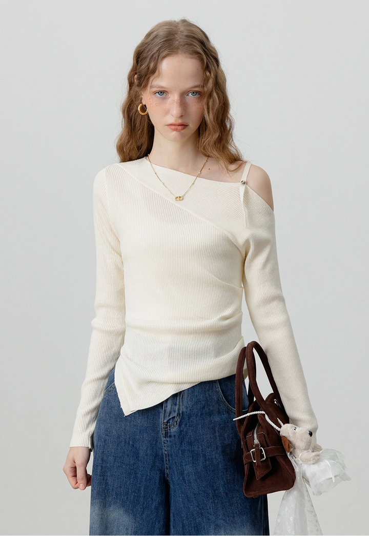 Asymmetrical Knit Top with Strap Detail