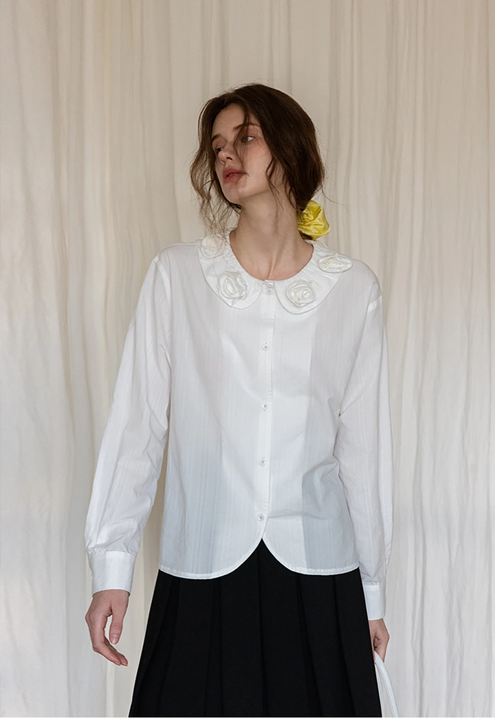 White Button-Up Blouse with Floral Embellished Collar