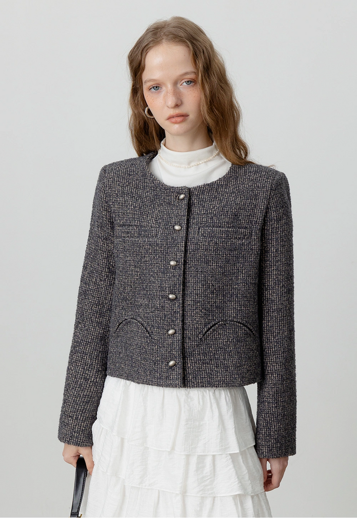 Classic Tweed Button-Up Cropped Jacket