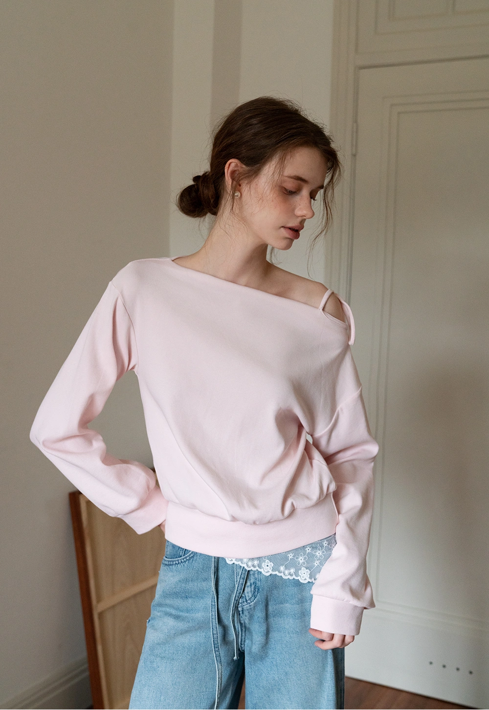 Off-Shoulder Asymmetric Tie-Front Long Sleeve Top