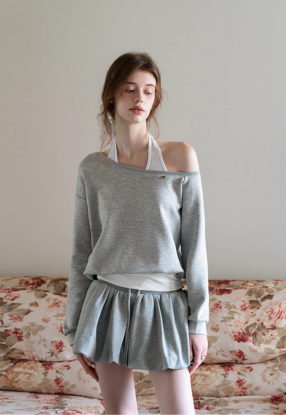 Off-Shoulder Sweatshirt with Built-in Tank Top