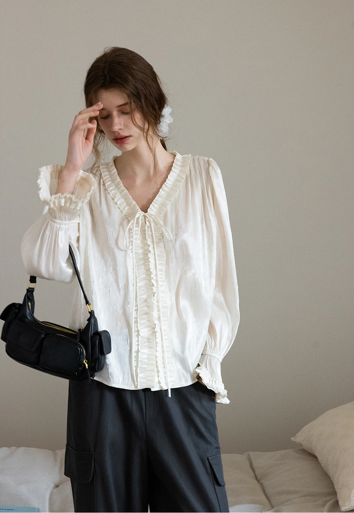 Elegant Ruffled Satin Tie-Front Long Sleeve Blouse