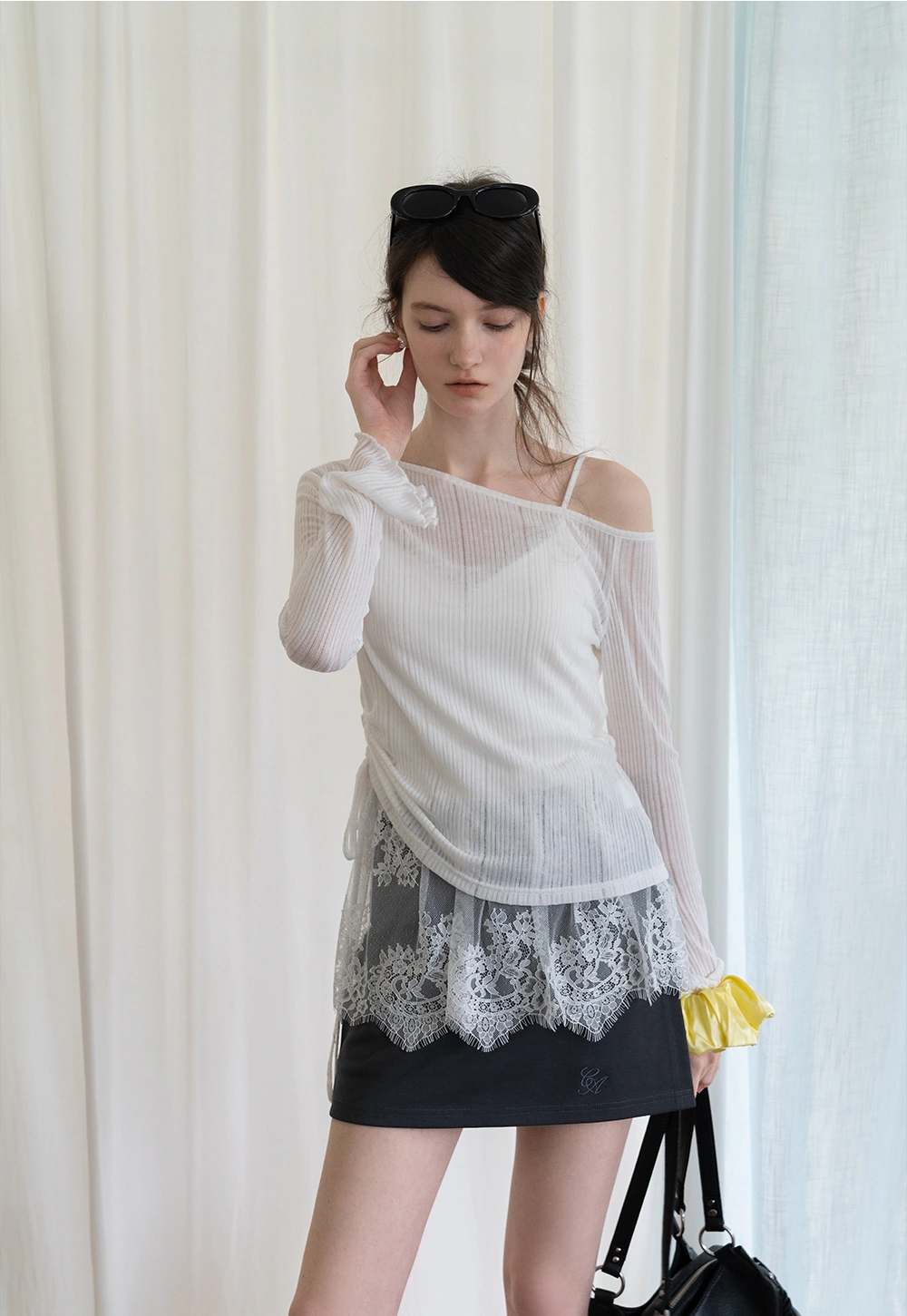 Two-piece Off-Shoulder Ruffle Sleeve Top + Lace-Trim Skirt