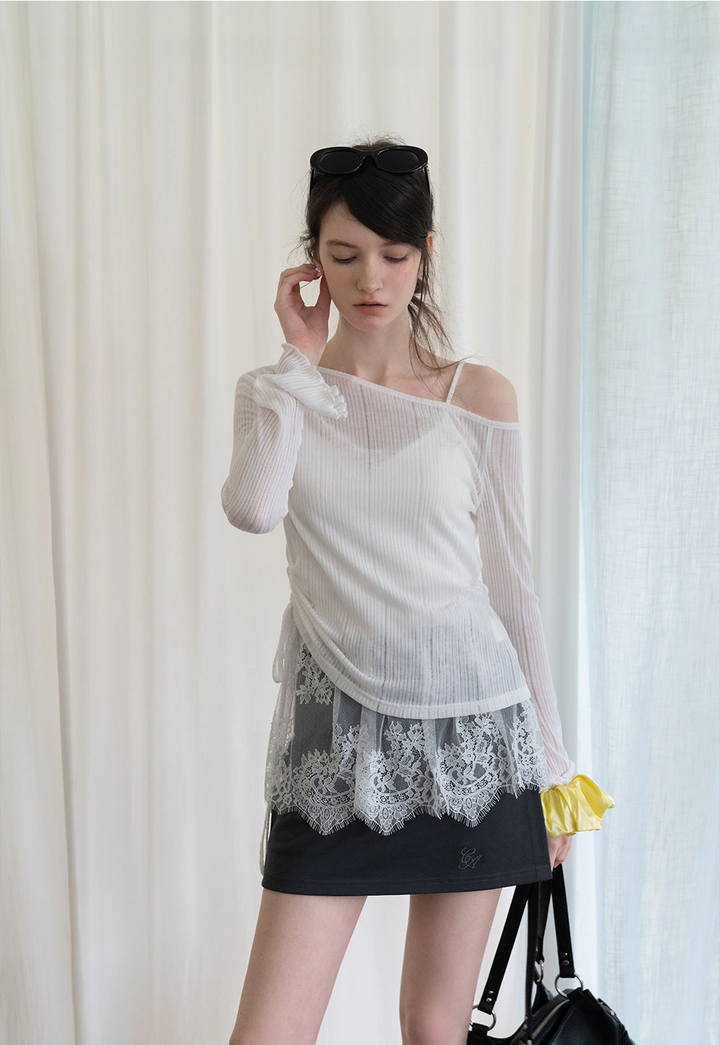 Two-piece Off-Shoulder Ruffle Sleeve Top + Lace-Trim Skirt