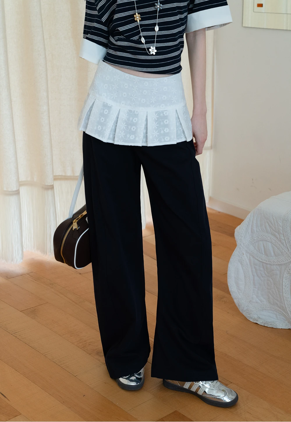 Patchwork Embroidered Pleated Overlay Wide-Leg Pants