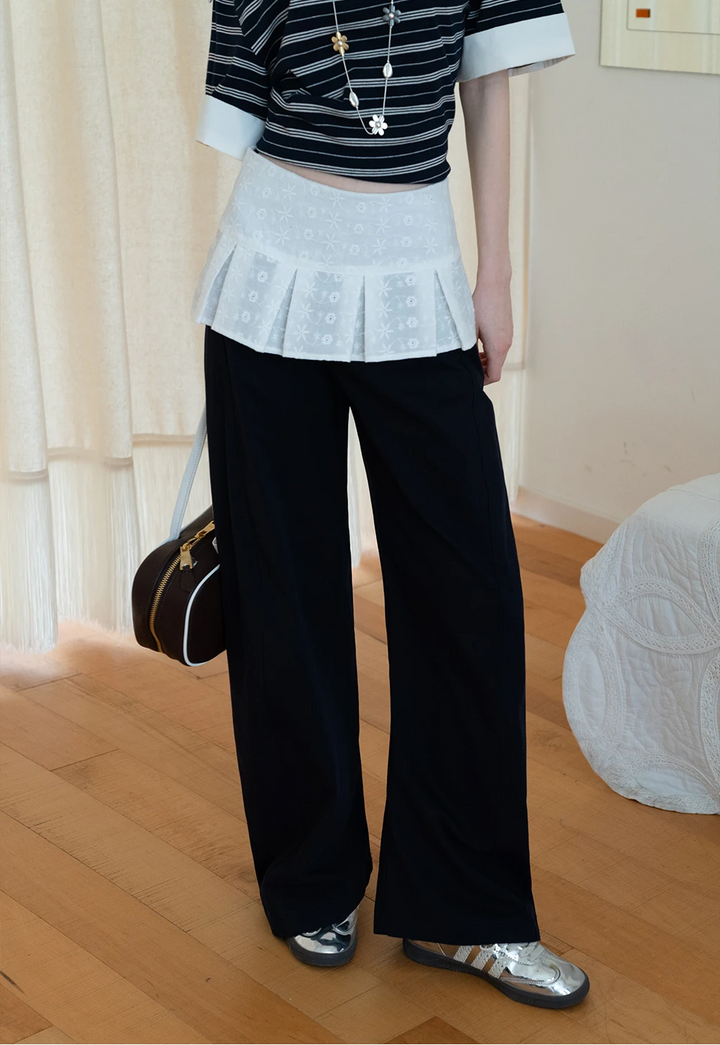 Patchwork Embroidered Pleated Overlay Wide-Leg Pants