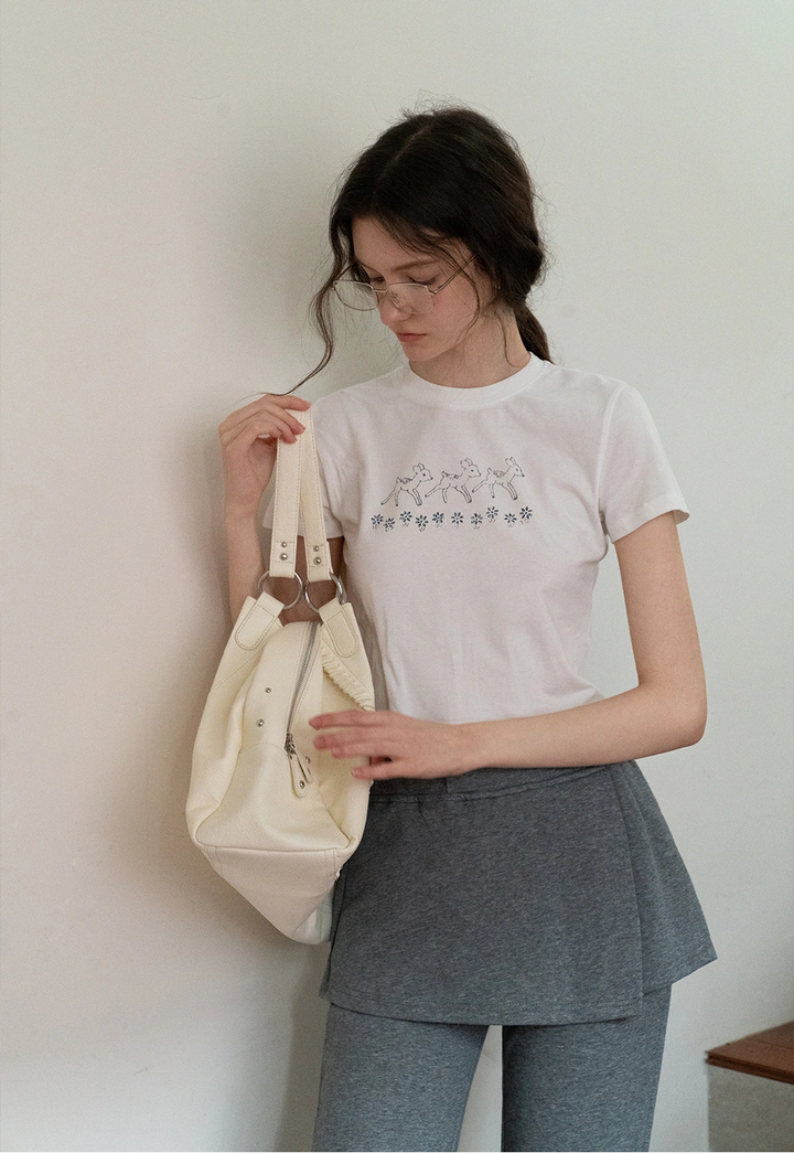 Women's Embroidered Deer Graphic Tee