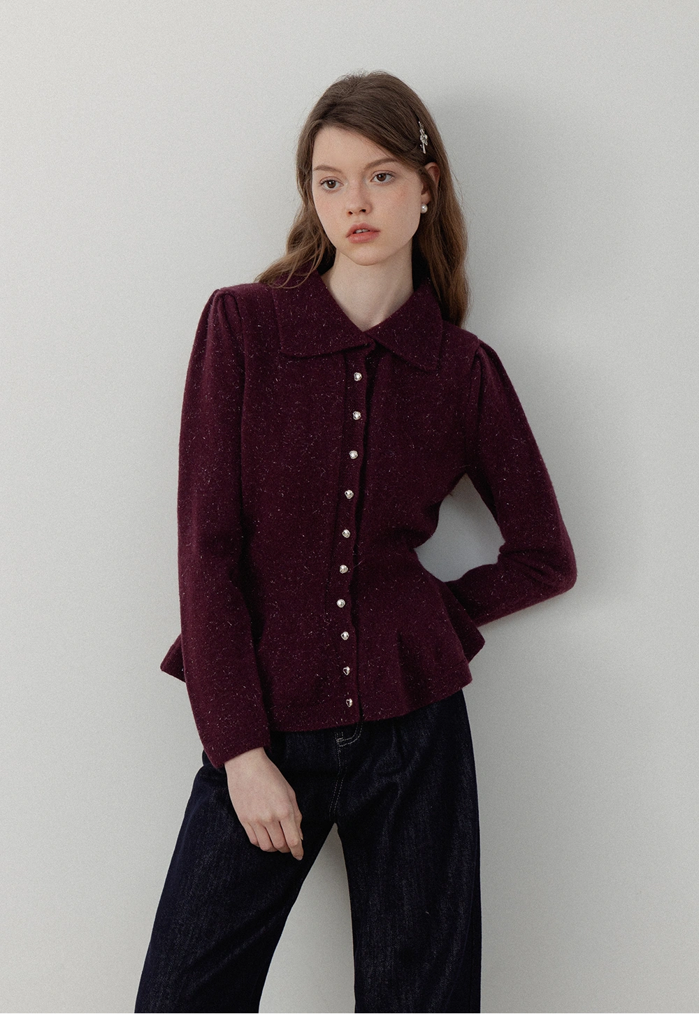 Women’s Peplum Collar Button-Down Sweater