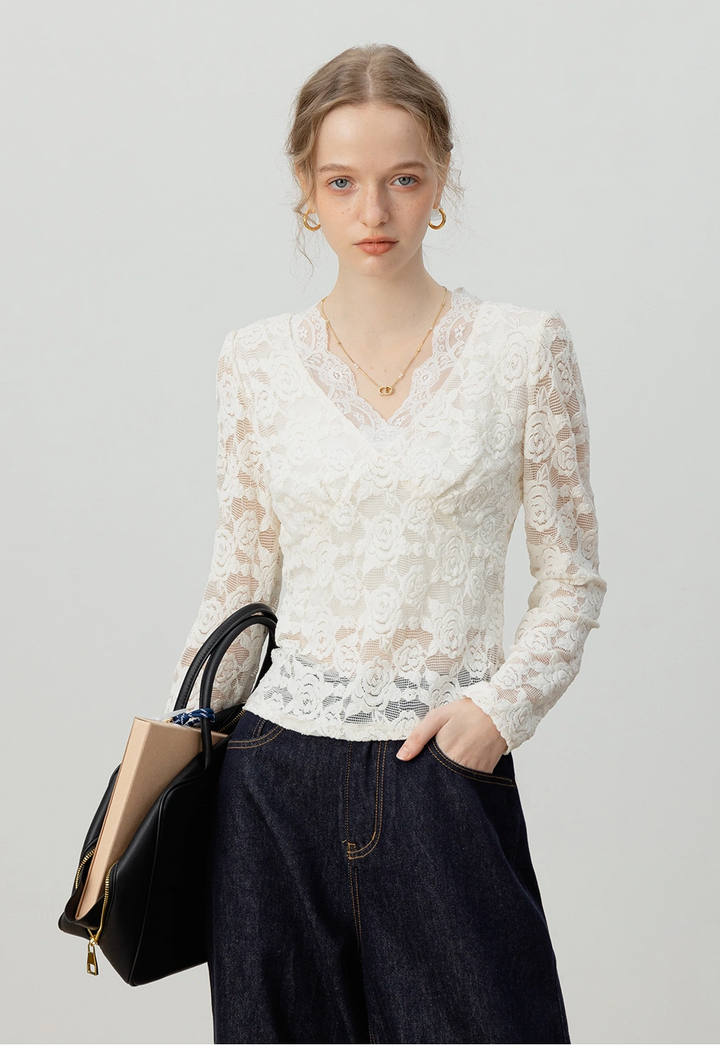 V-Neck Floral Lace Long-Sleeve Top