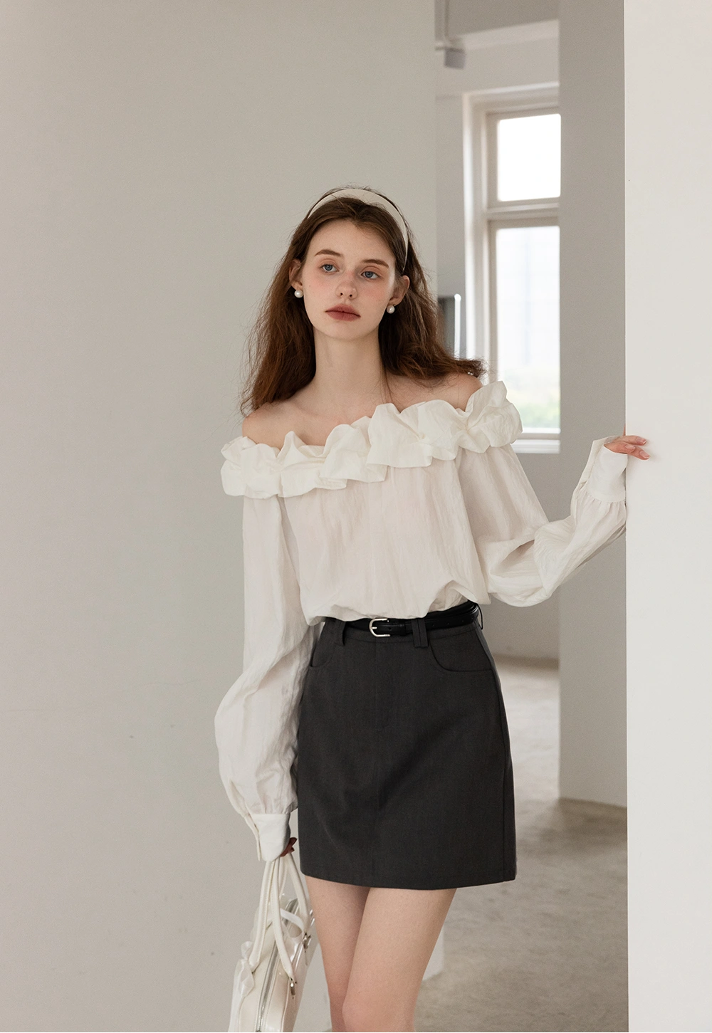 Women's Off-Shoulder Ruffled Neckline Long Sleeve Blouse