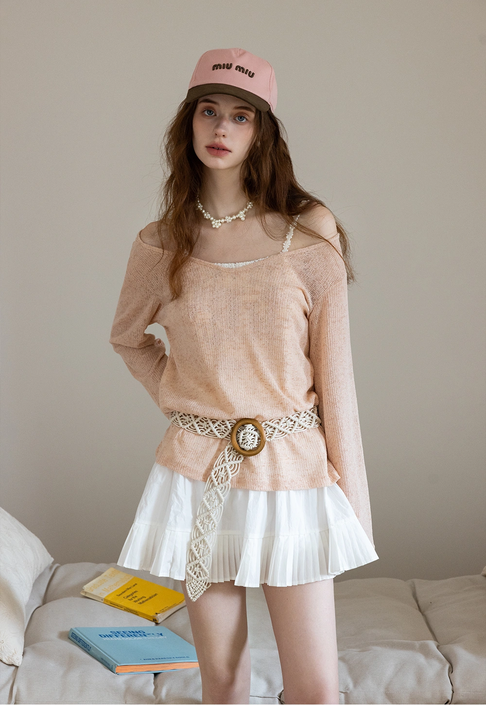 Boho-Inspired Beige Knit Top with Crochet Belt