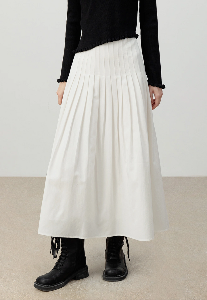 White Pleated A-Line Midi Skirt