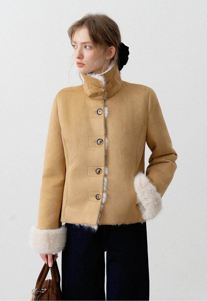 Women's Faux Suede Jacket with Faux Fur Trim