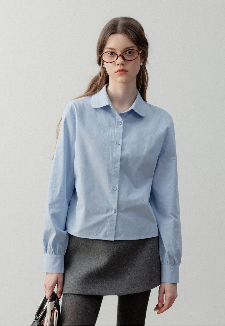 Women's Blue Long-Sleeve Button-Up Shirt with Peter Pan Collar