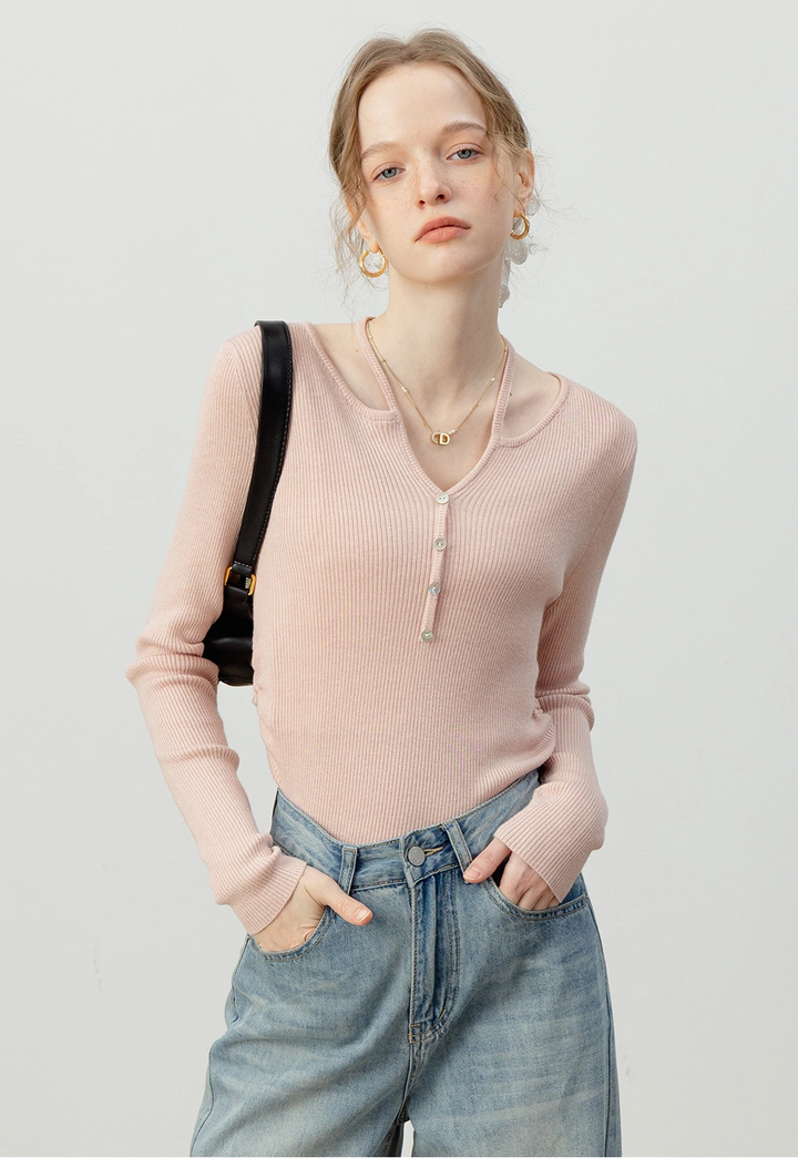 Halter-Neck Button-Down Long Sleeve Knit Top