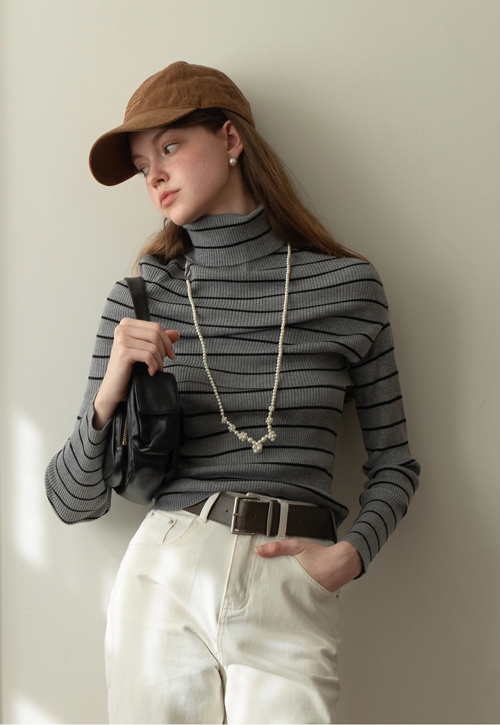 Women's Striped Layered High Neck Knit Top