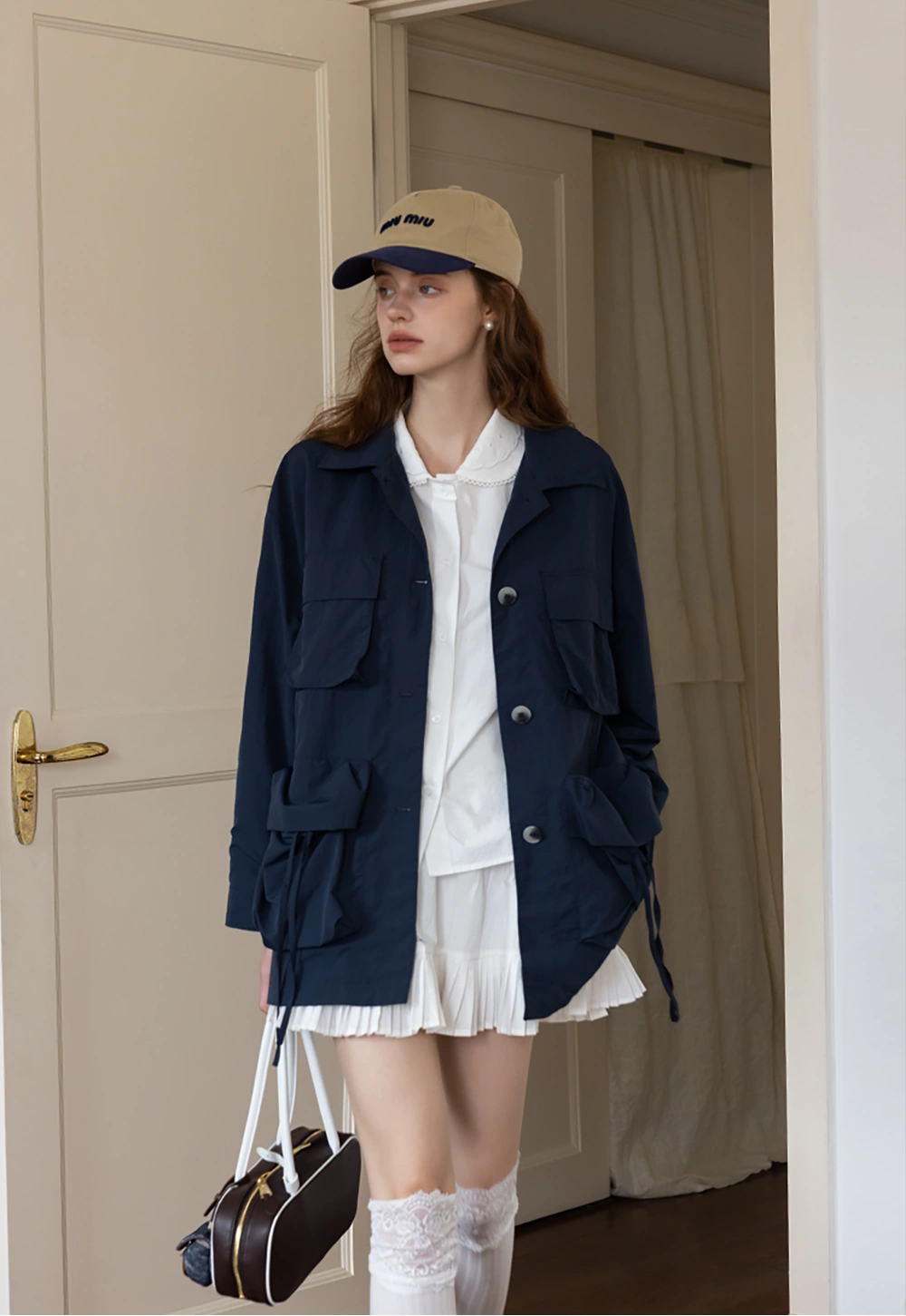 Utility-Inspired Navy Jacket with Drawstring Pockets