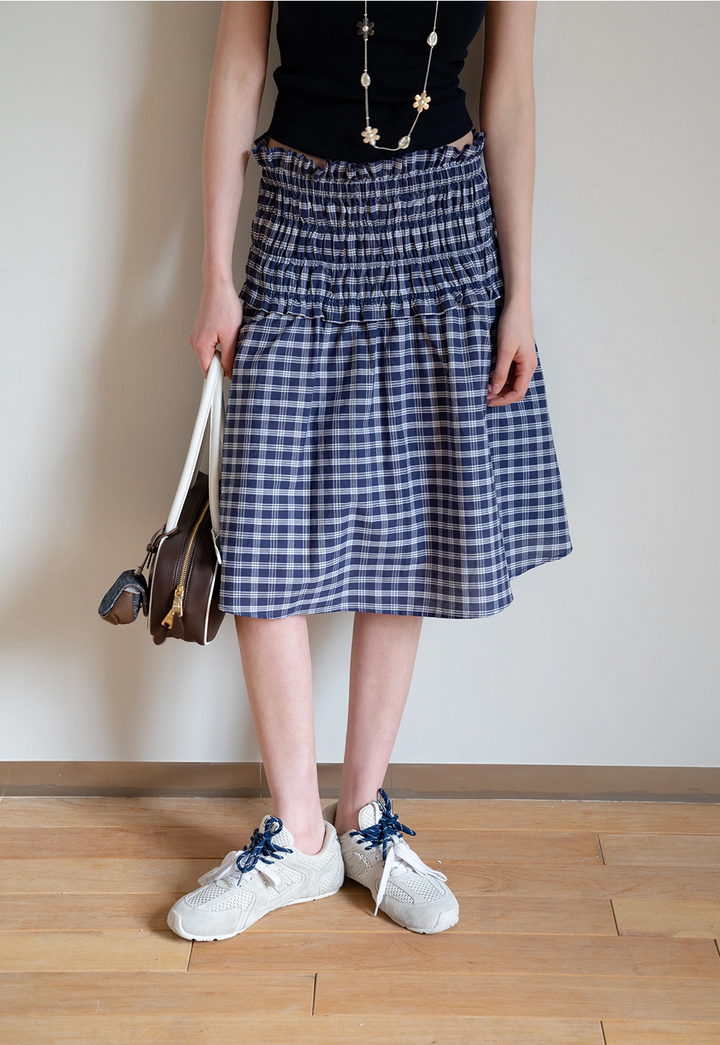 Women's Plaid Smocked High Waist Skirt