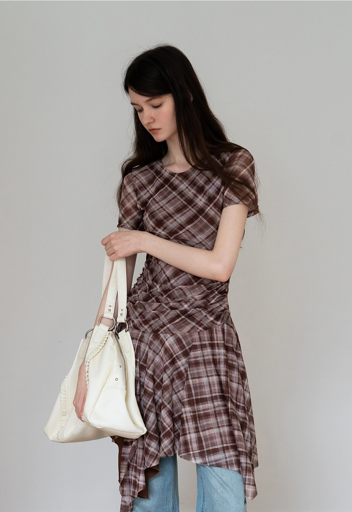 Crew Neck Plaid Ruched Midi Dress