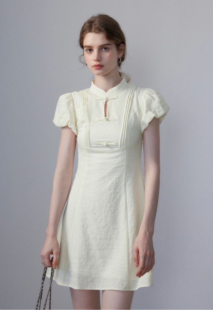 Women's Short-Sleeve Textured Dress with Knot Buttons