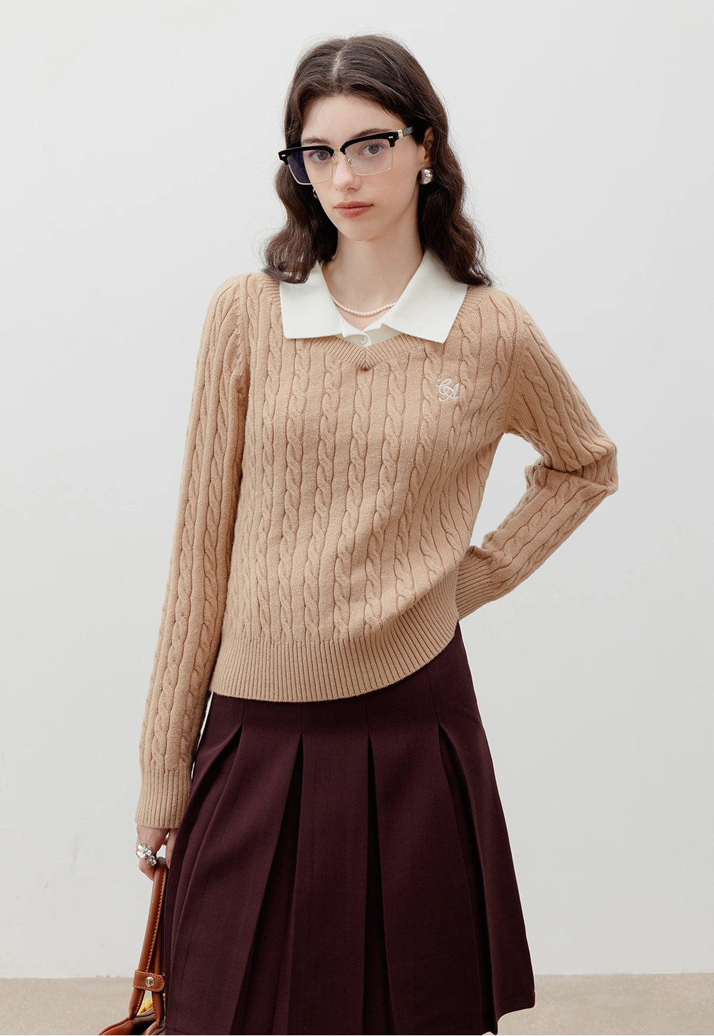 Cable Knit Sweater with Collar Detail