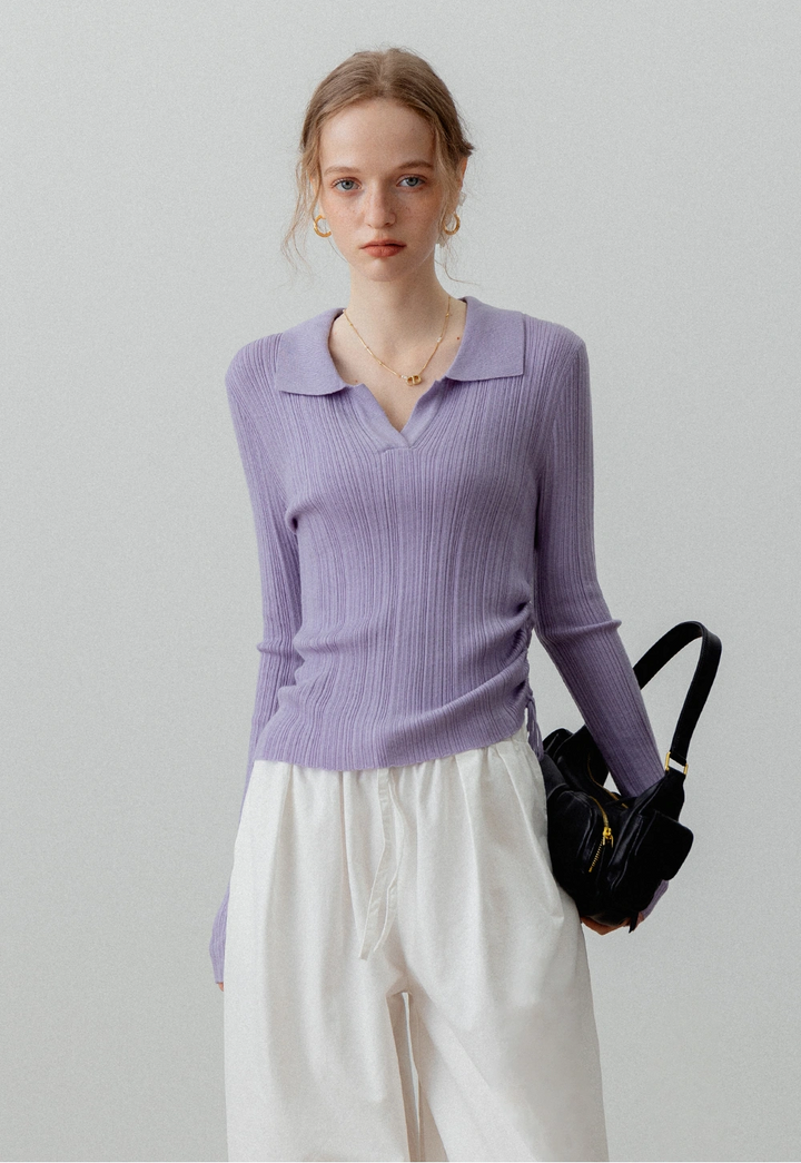 Women's Ribbed Long Sleeve Knit Polo Collar Top