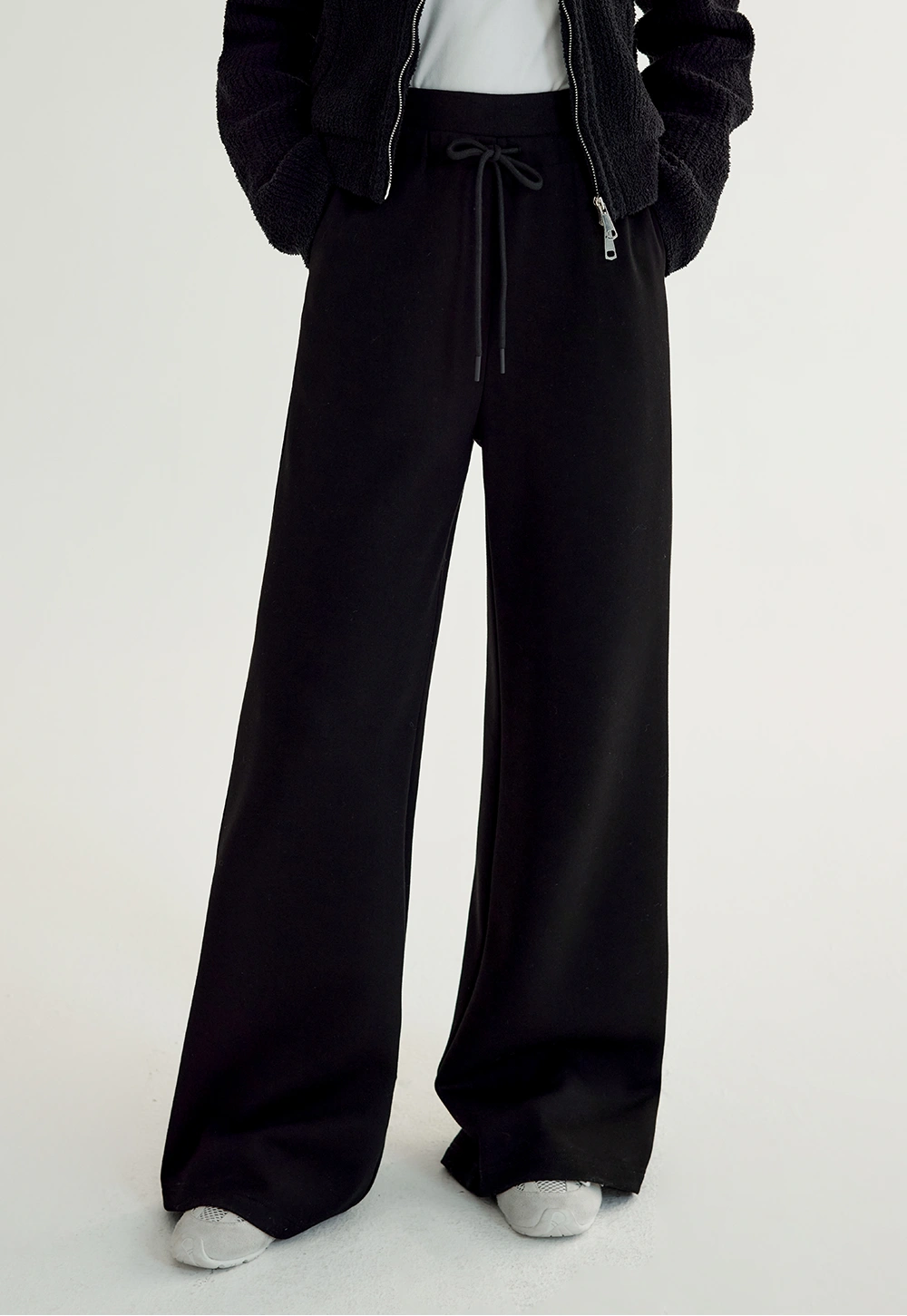 Women's Black Wide-Leg Lounge Pants with Drawstring Waist