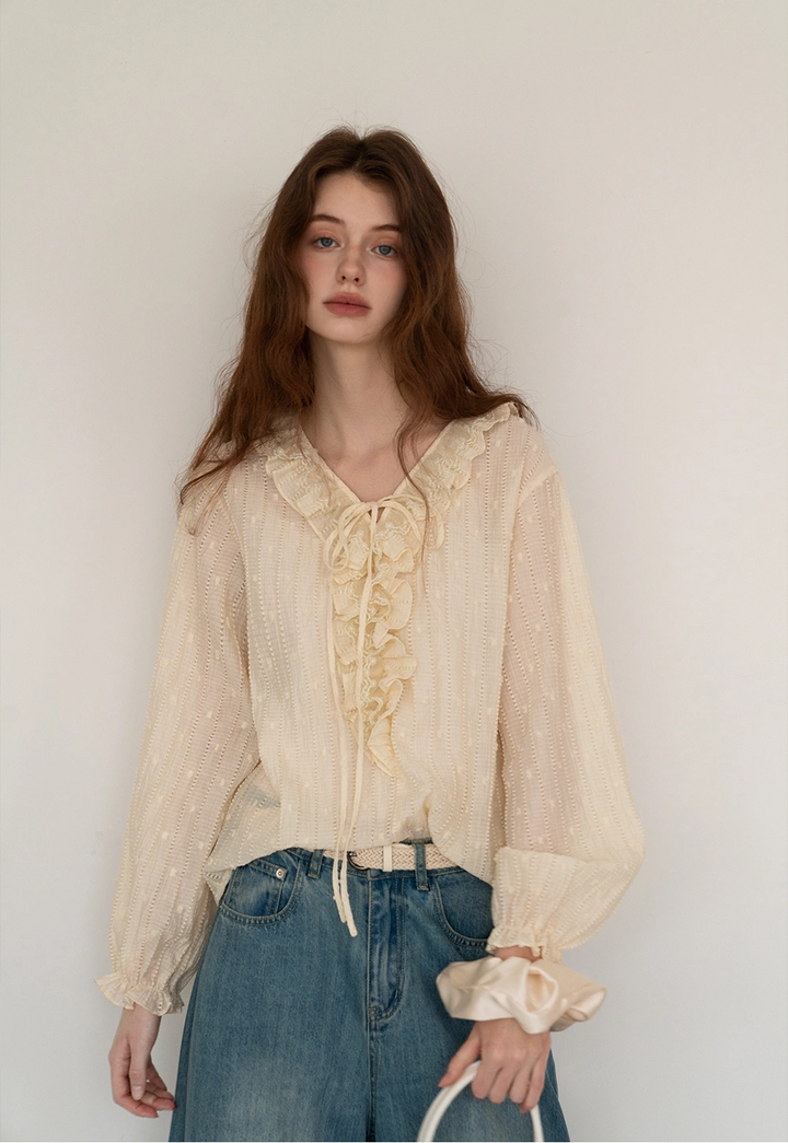 Women's Ruffled Neckline Tie-Up Blouse with Long Sleeves