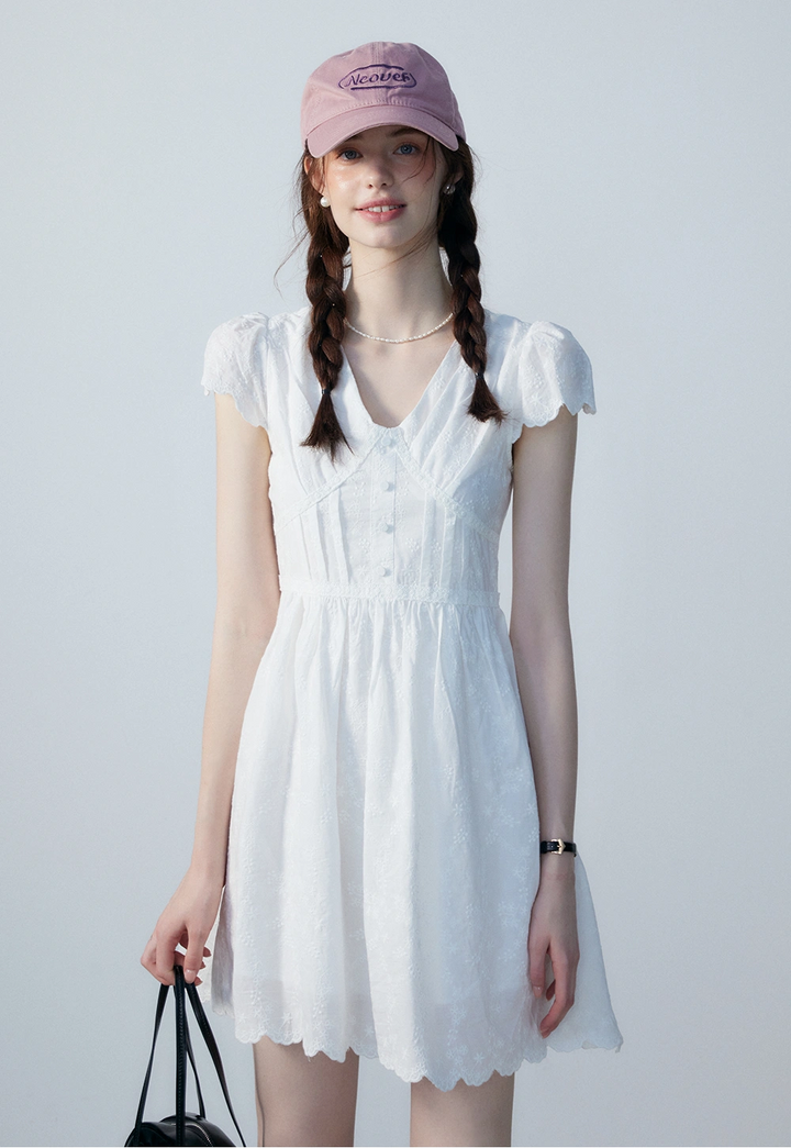 Women's Short Sleeve V-Neck Button Front Dress with Lace Detail