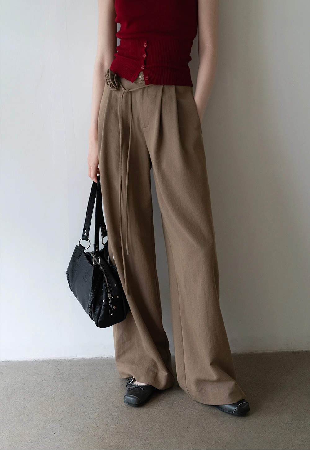 Elegant Draped Loose Casual Pants with Floral Belt Accent