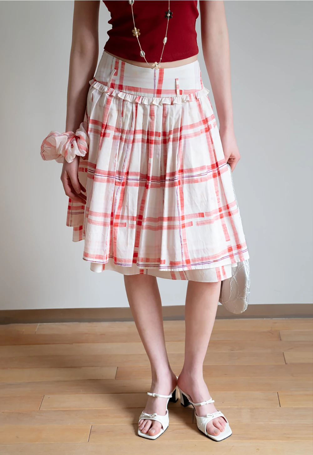 Women's Plaid High Waist Midi Skirt with Ruffle Trim