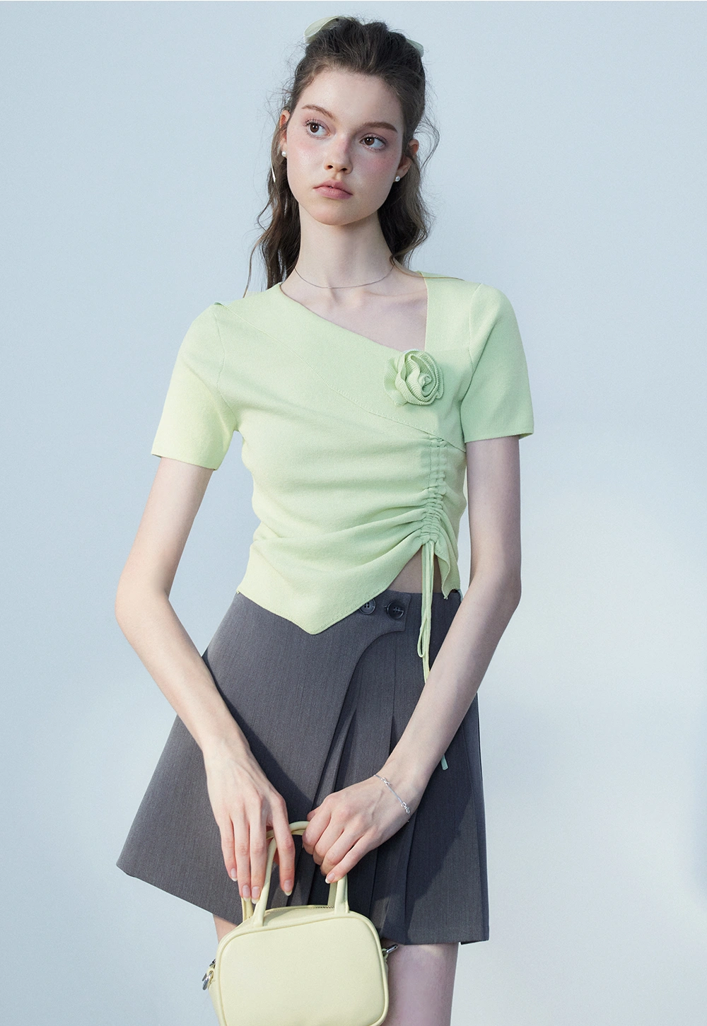 tylish Short Sleeve Top with Asymmetric Neckline and Ruched Detai