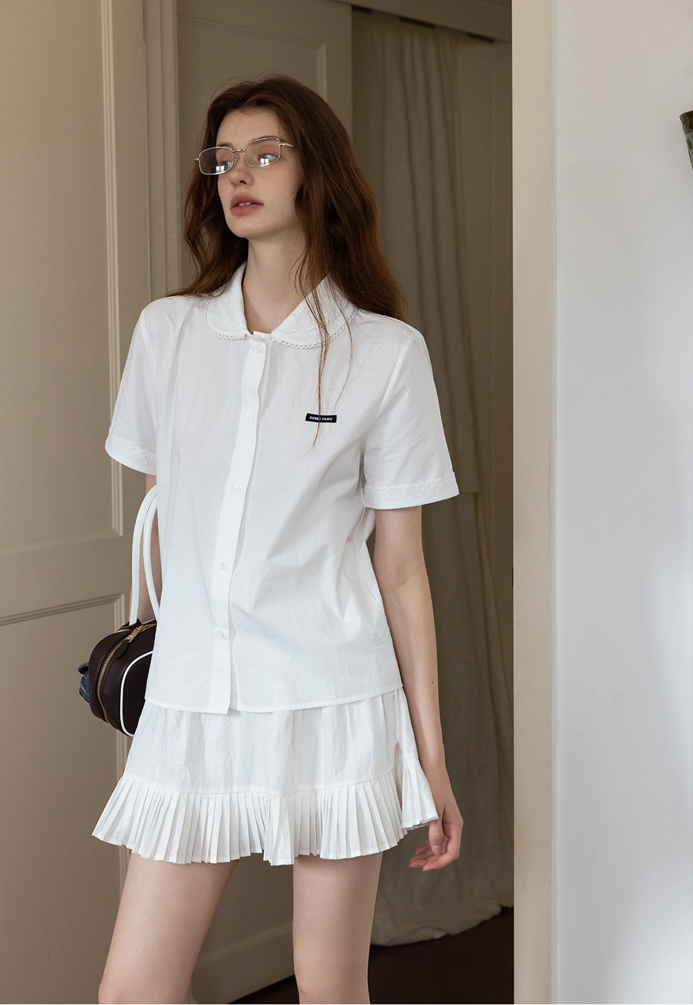 White Collared Button-Up Top with Embroidery