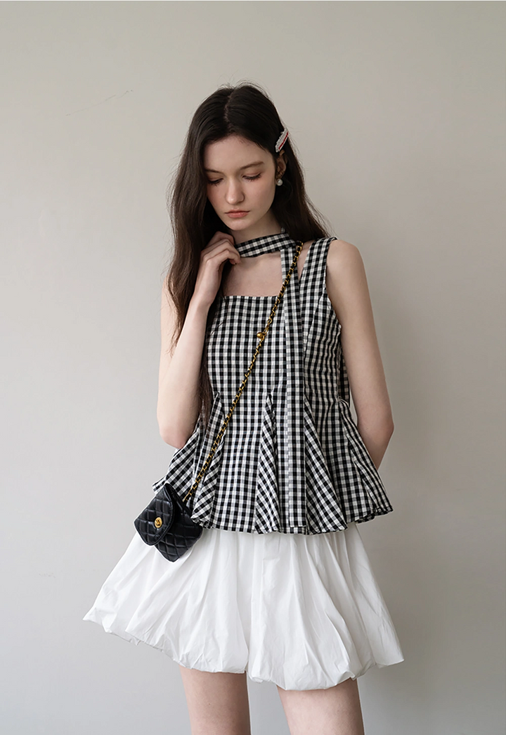 Gingham Pleated Peplum Tie-Strap Top