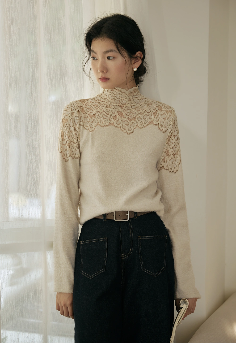 Lace Detail Mock Neck Sweater