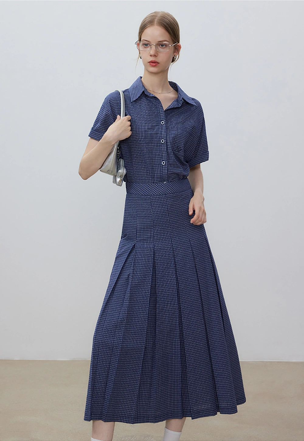 Women's Gingham Short Sleeve Shirt and Pleated Skirt Set