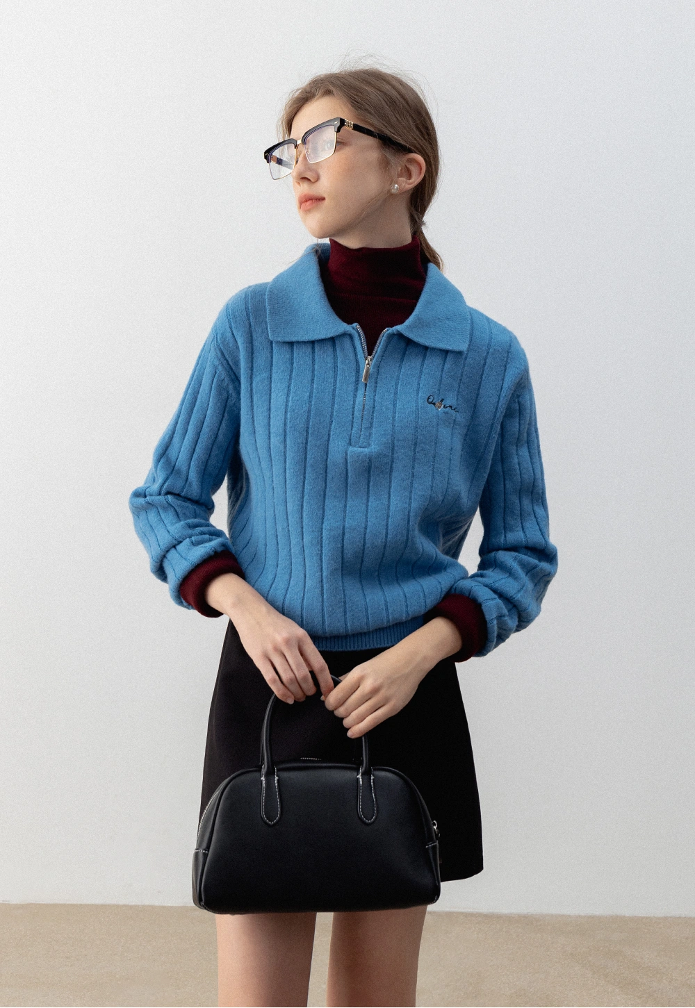 Collared Knit Top with Double Half-Zip Carigans