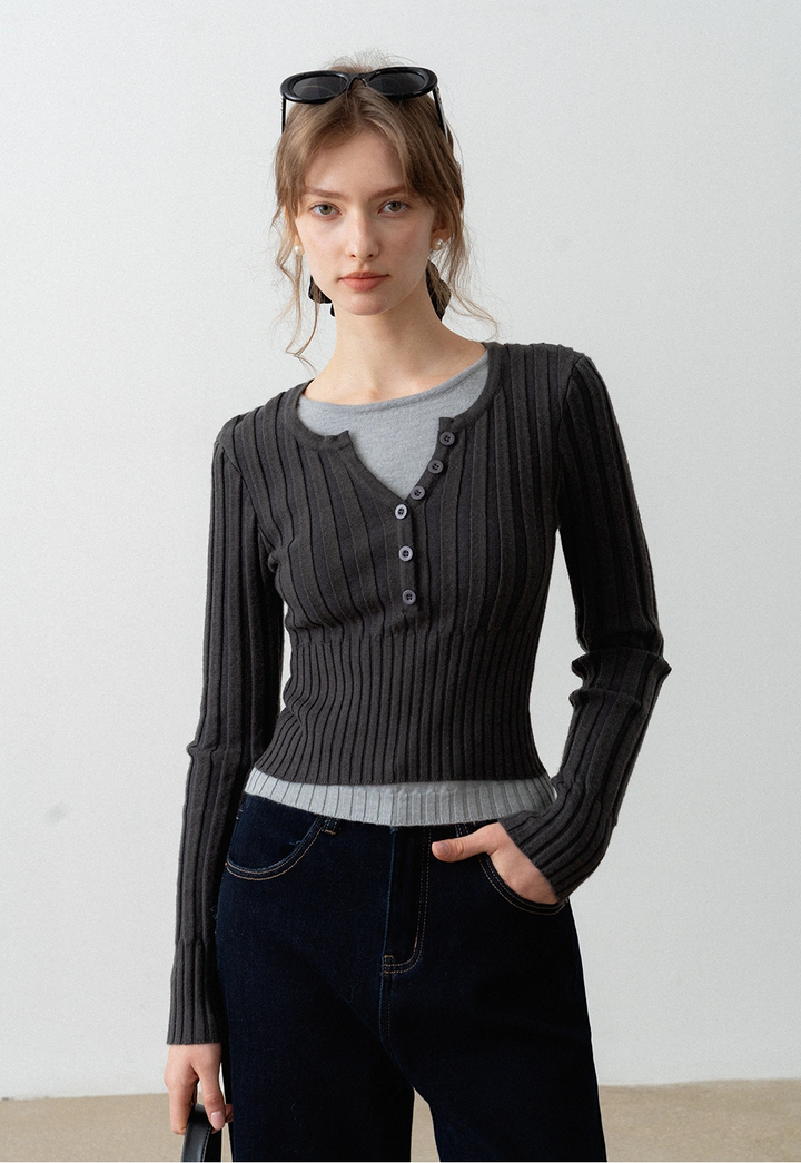 Women's Ribbed Henley Sweater Top