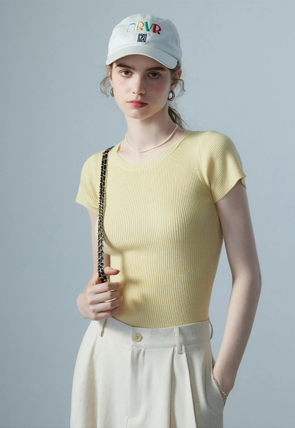 Women's Light Yellow Ribbed Knit T-Shirt