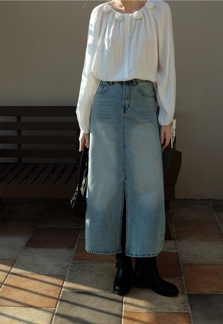 Women's High-Waisted Denim Skirt with Front Slit