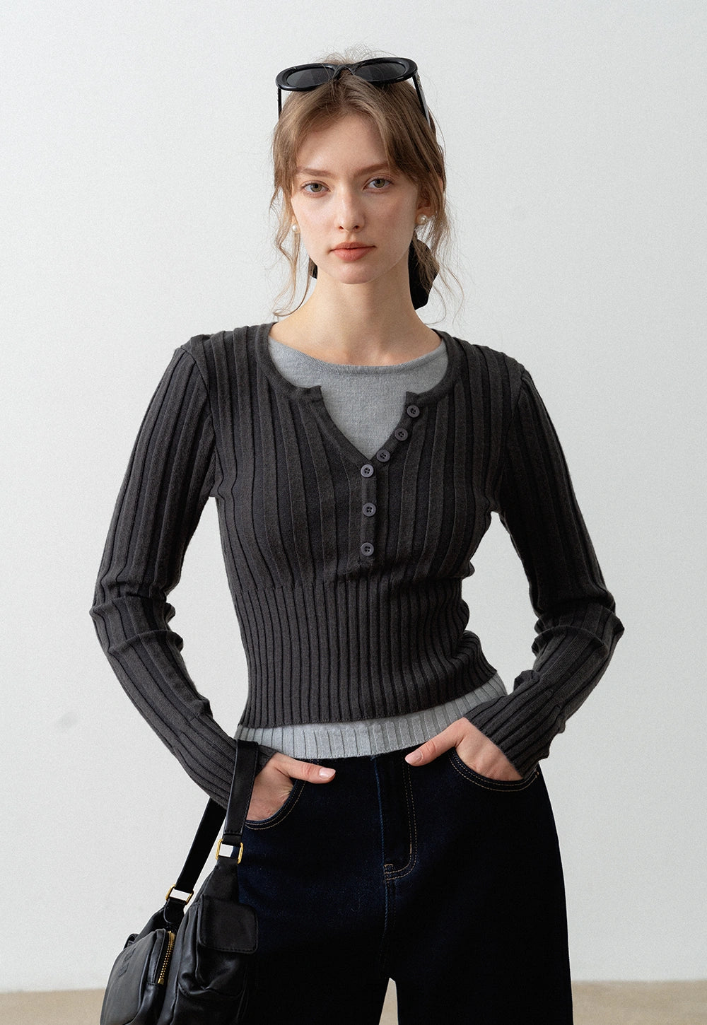 Women's Ribbed Henley Sweater Top